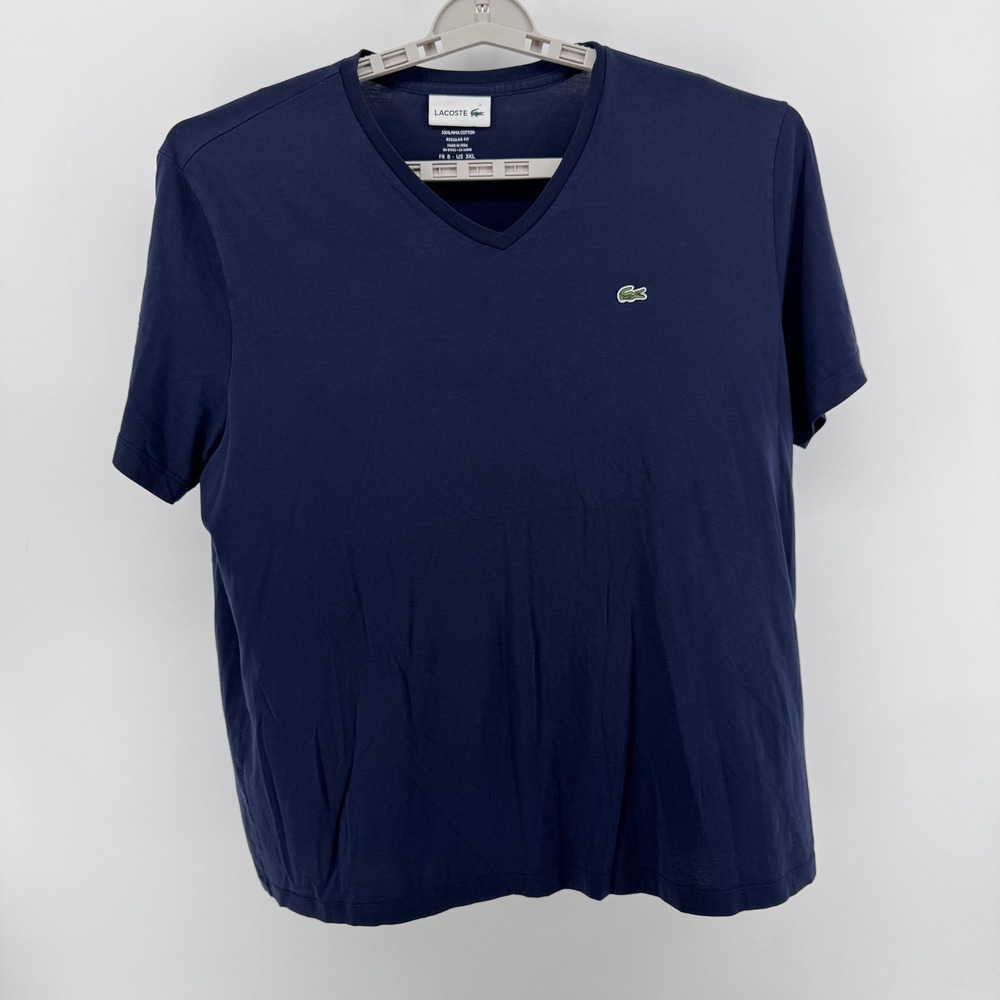 Lacoste Mens Navy‎ Blue Pima Cotton V-Neck T-Shirt Regular Fit 3XL SZ 8